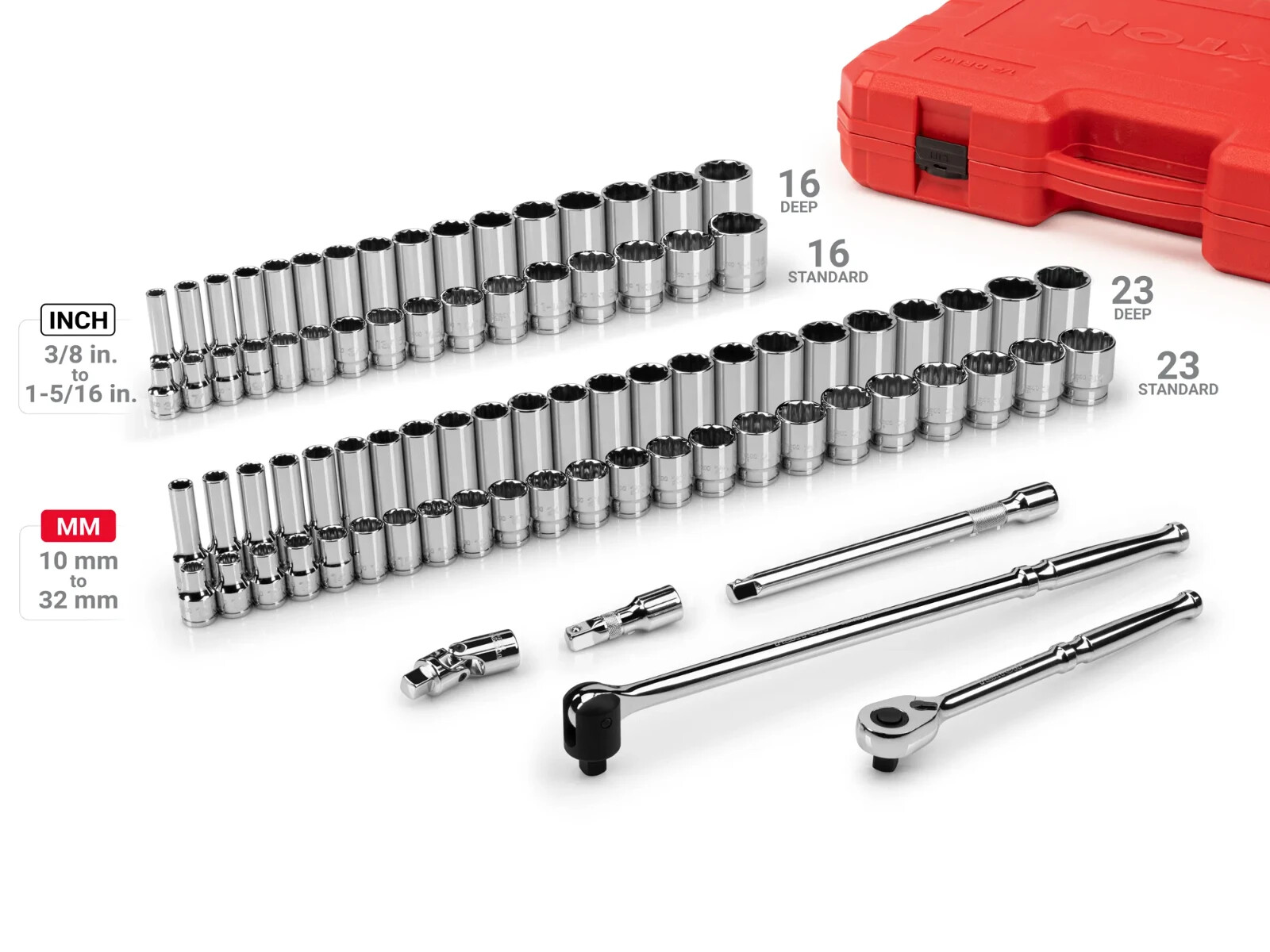 1/2 Inch Drive 12-Point Socket and Ratchet Set with Case, 83-Piece