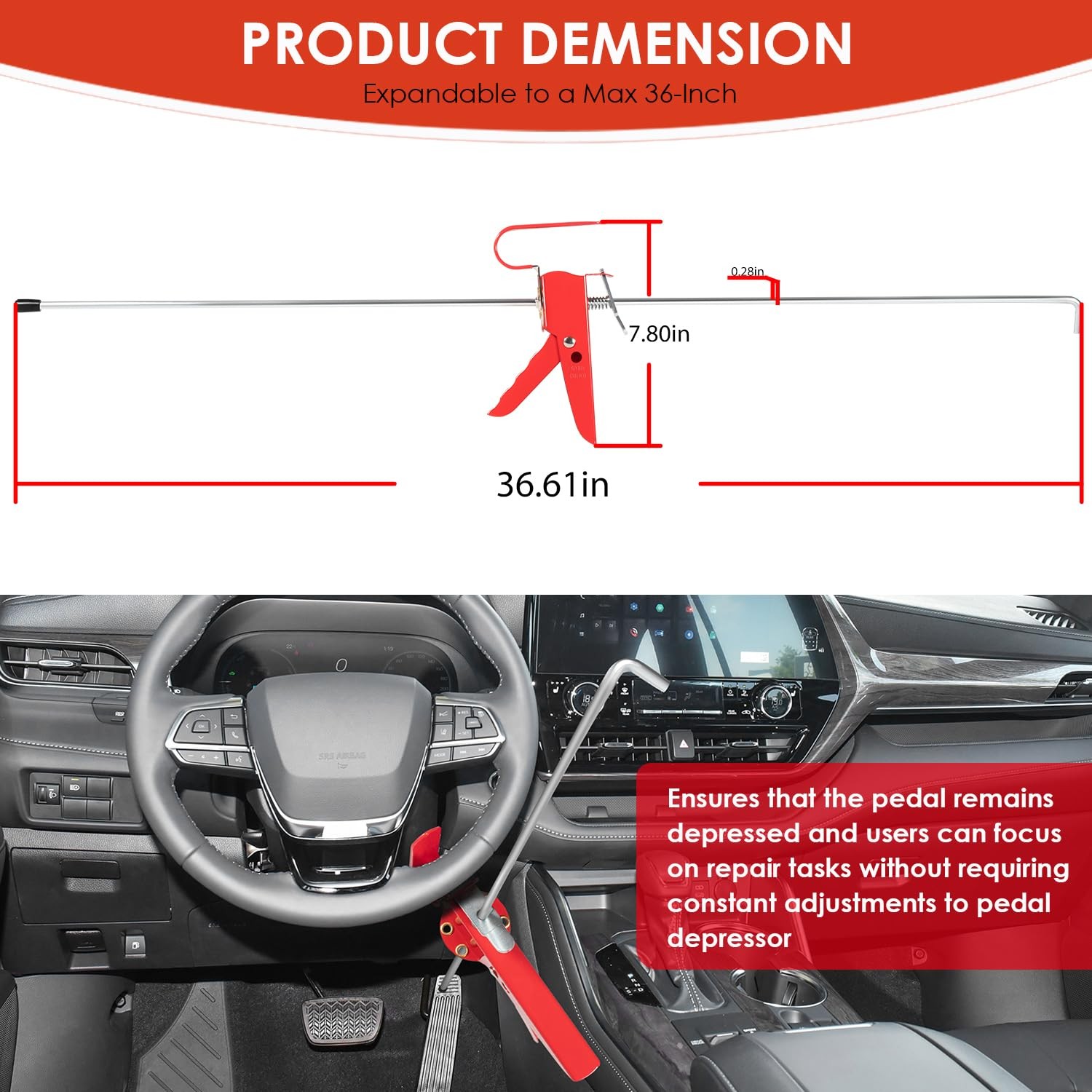 36″ Adjustable Pedal Depressor Tool,THE393 Brake Pedal Depressor for Car Testing
