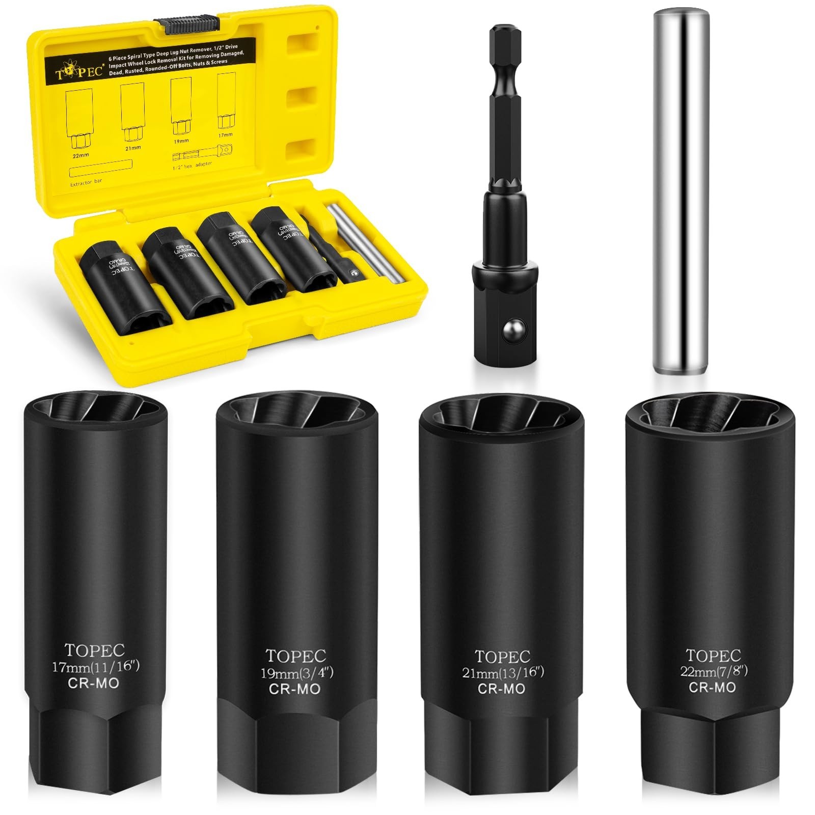 6PCS Lug Nut Removal Tool Set – 1/2″ Drive Extractor for Stripped & Damaged Bolt