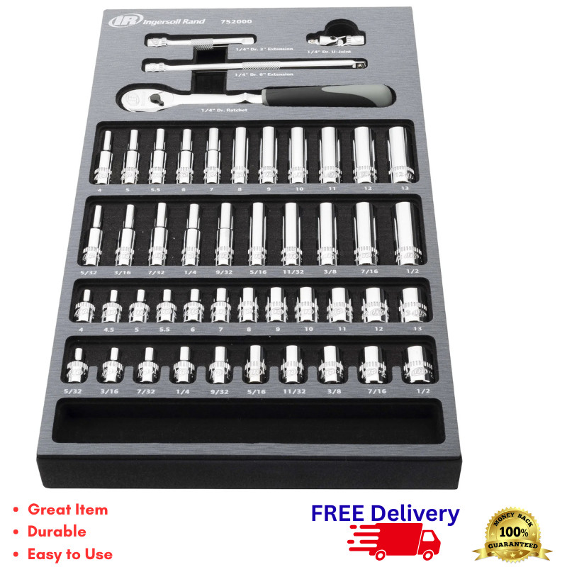 Ingersoll Rand 47 Pc 1/4″ Drive SAE Metric Socket Set Ratchet Tool Kit Chrome