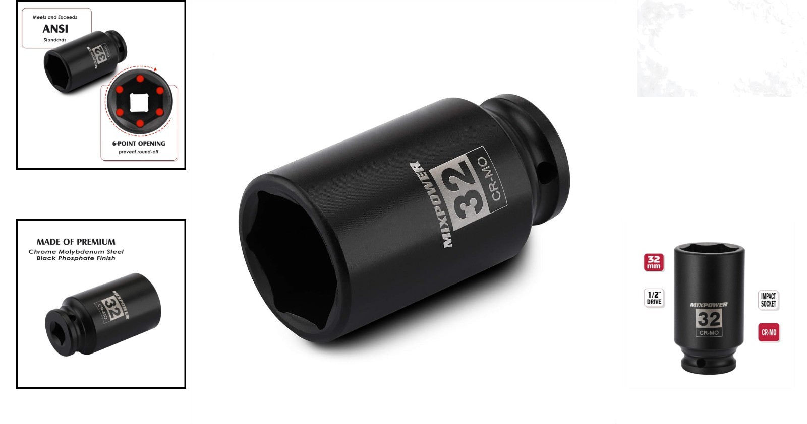 1/2 Inch Drive Deep Impact Socket 32mm Chrome Molybdenum 6 Point Axle Nut