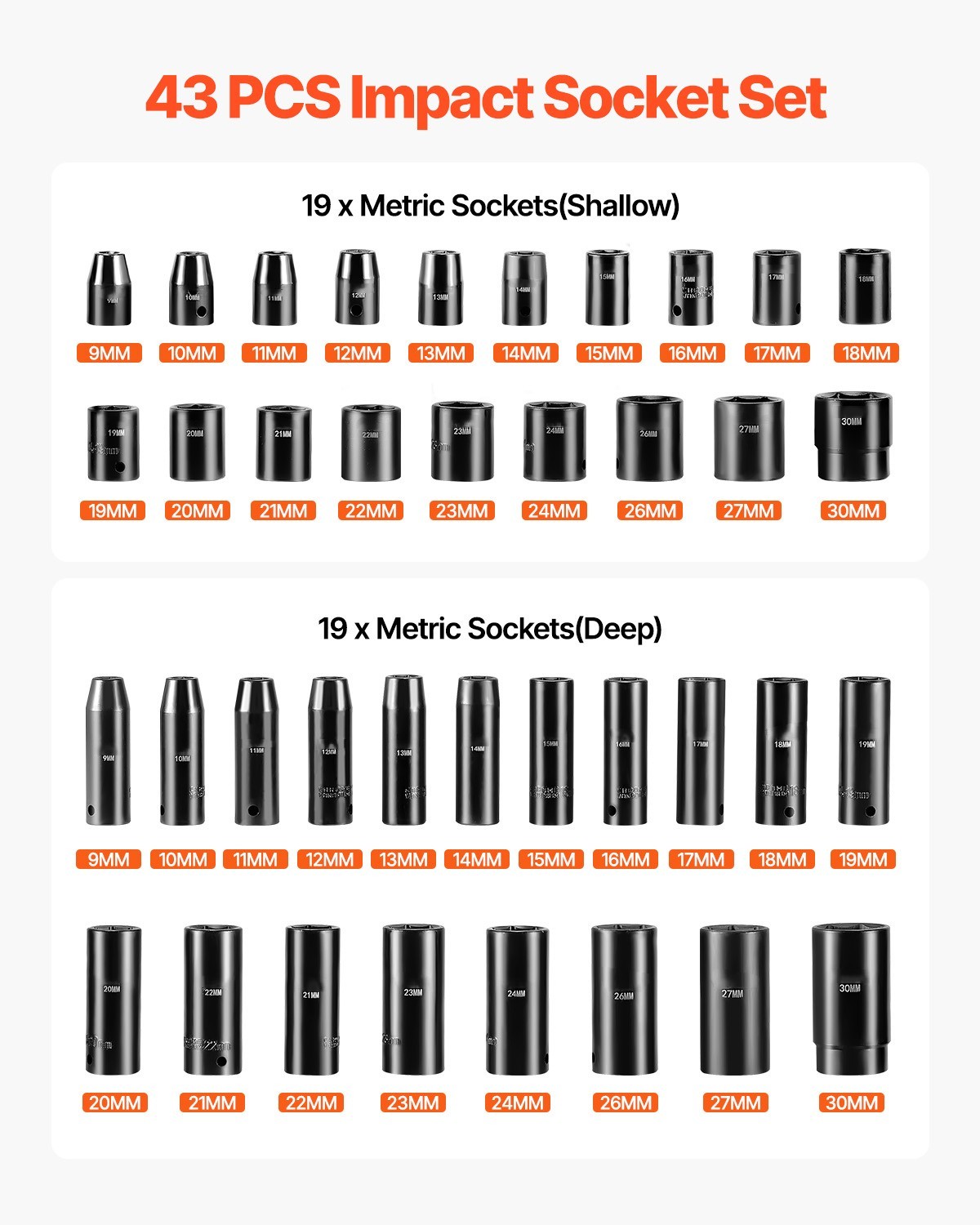 Impact Socket Set 1/2 Inch 43 Pcs Standard/Deep 9 to 30 MM 6-Point Extension Bar