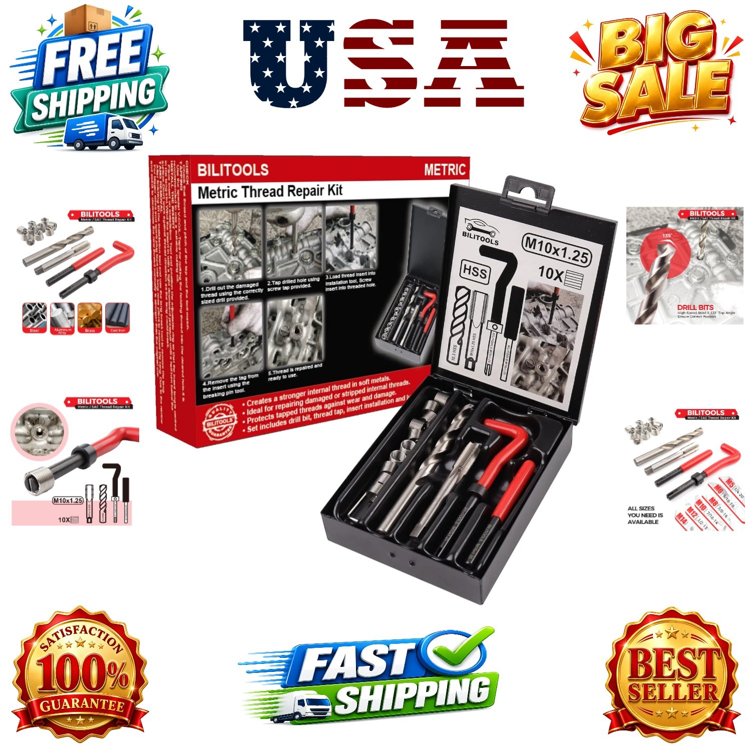M10x1.25 Thread Repair Kit, HSS Drill Helicoil Repair Kit Metric