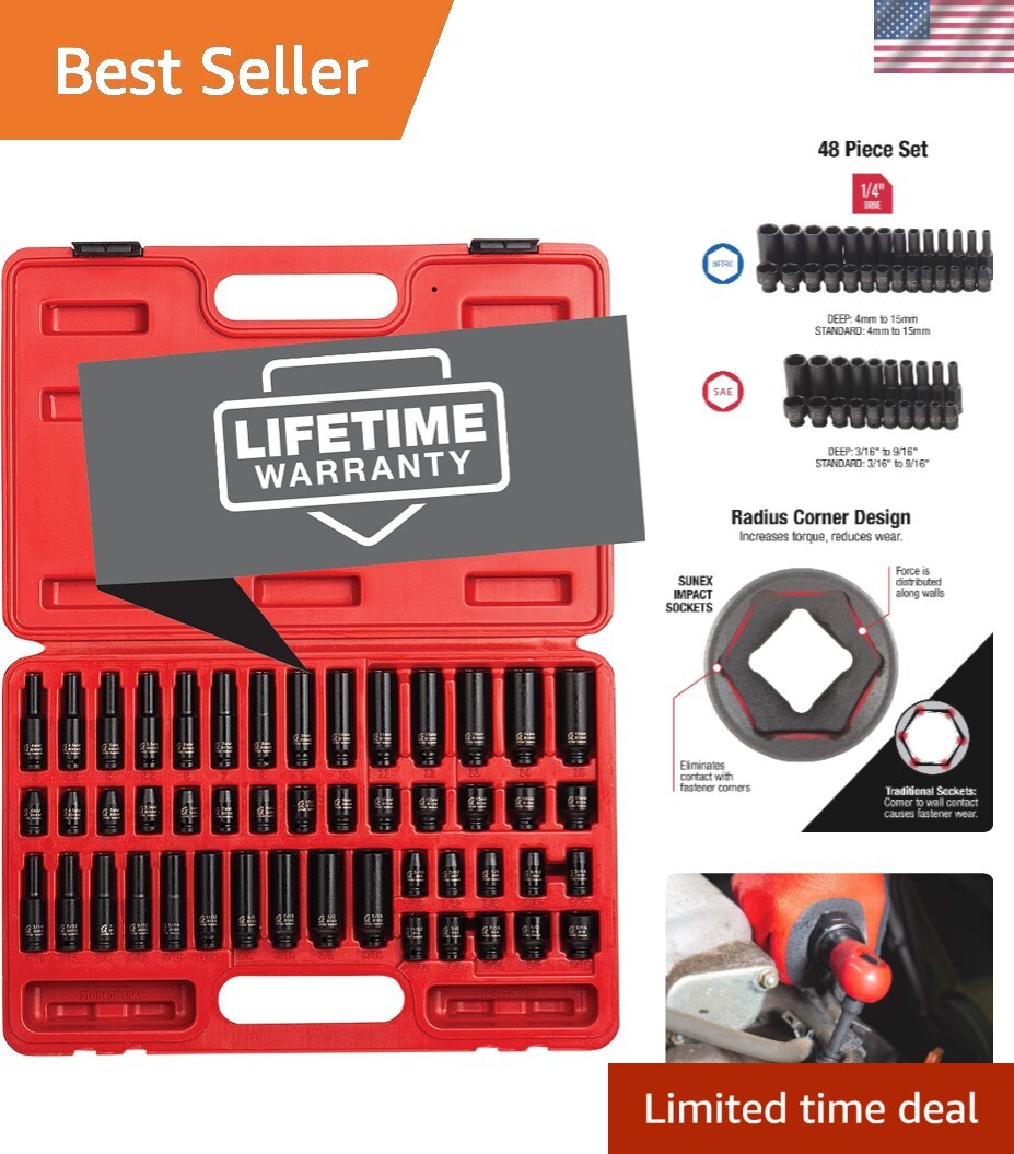 48-Piece High Torque Impact Socket Set, SAE/Metric, Durable Cr-Mo Alloy Steel
