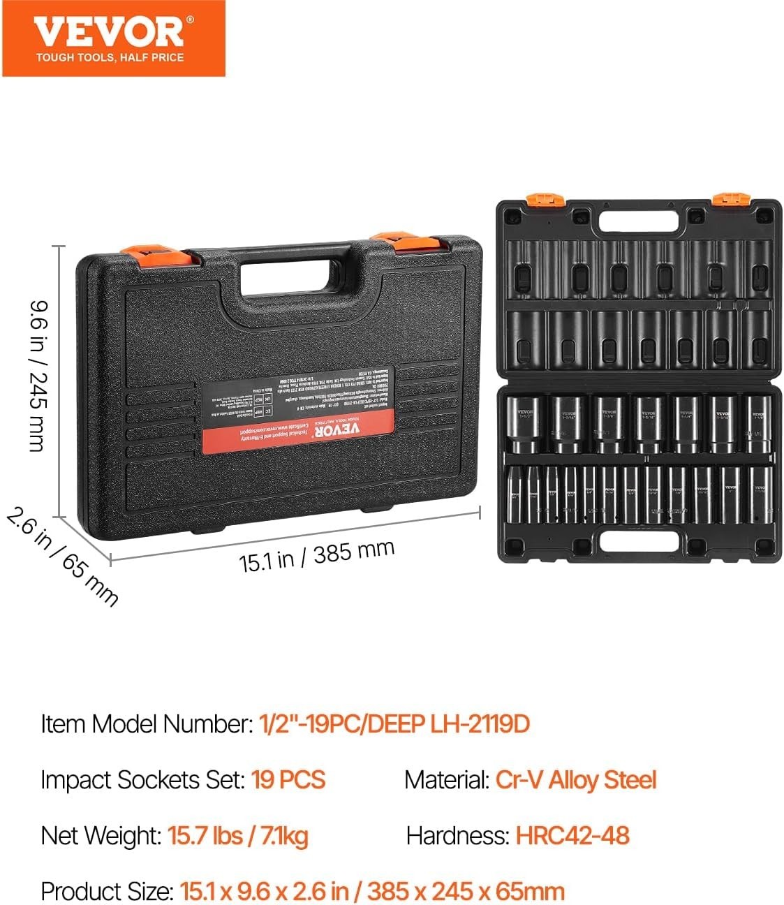 Vevor 19pc 1/2″ Impact Socket Set | Deep 6-Point Cr-V Alloy Steel | Rugged Co…