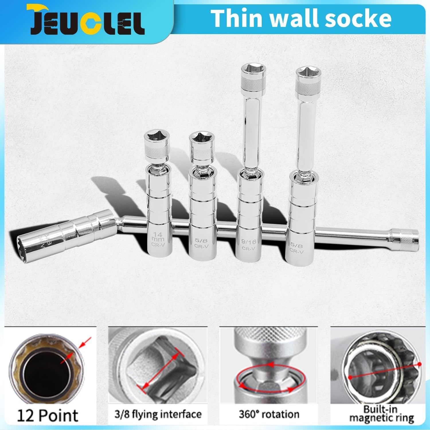 5PCS Magnetic Swivel Spark Plug Socket Set, 14mm Thin Wall Socket, 9/16″ 6-in…