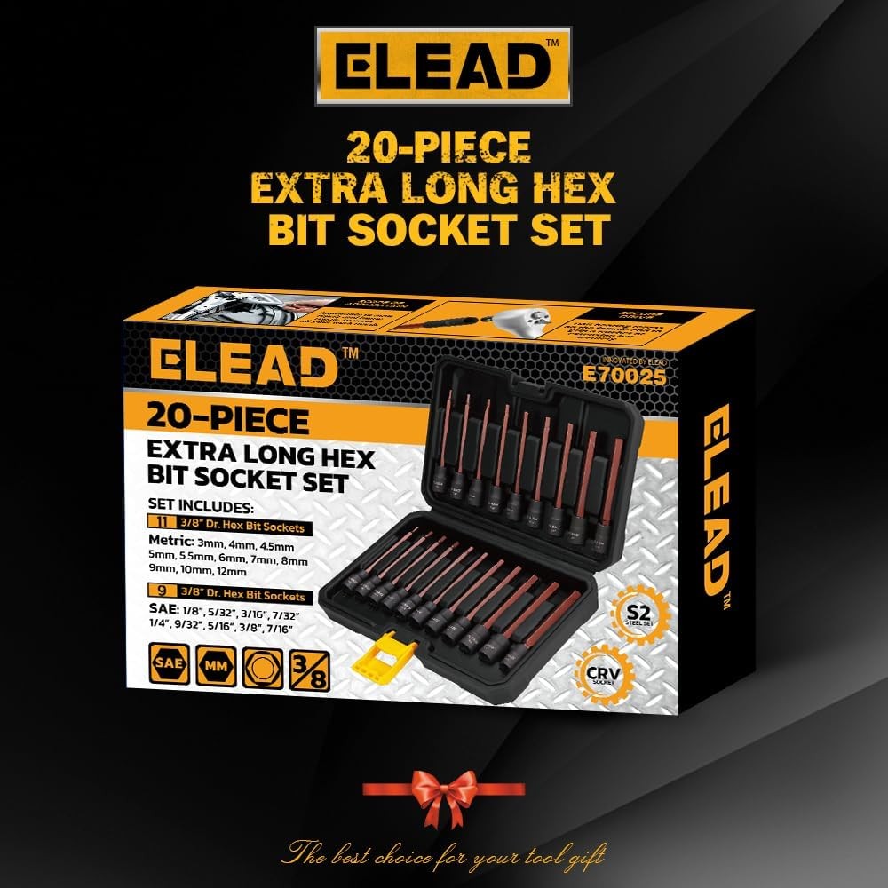 20-Piece 3/8 Inch Drive Extra-Long Allen Hex Bit Socket Set: S2 Steel, Standard