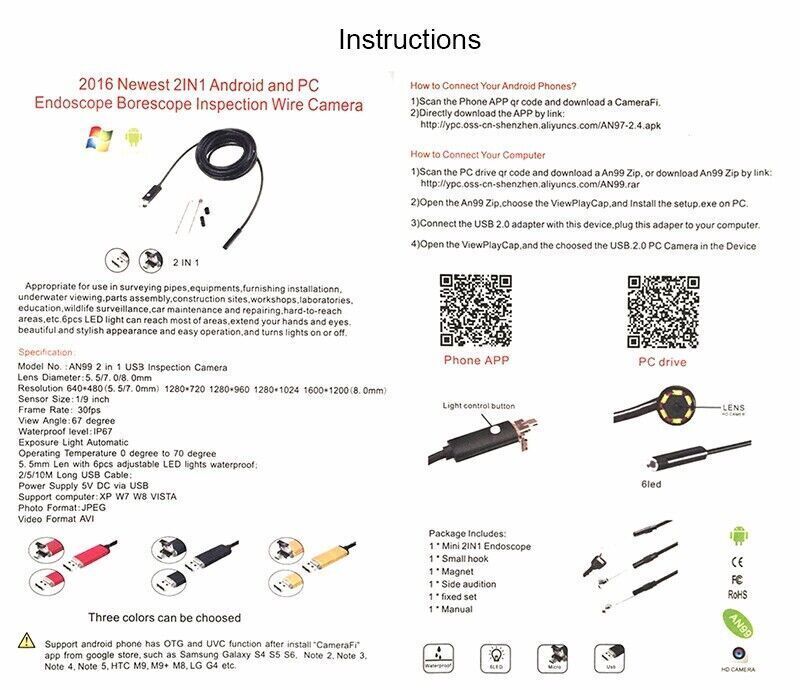 7mm 5M Car Endoscope HD 6Led Android PC USB Borescope Inspection Camera-US Stock