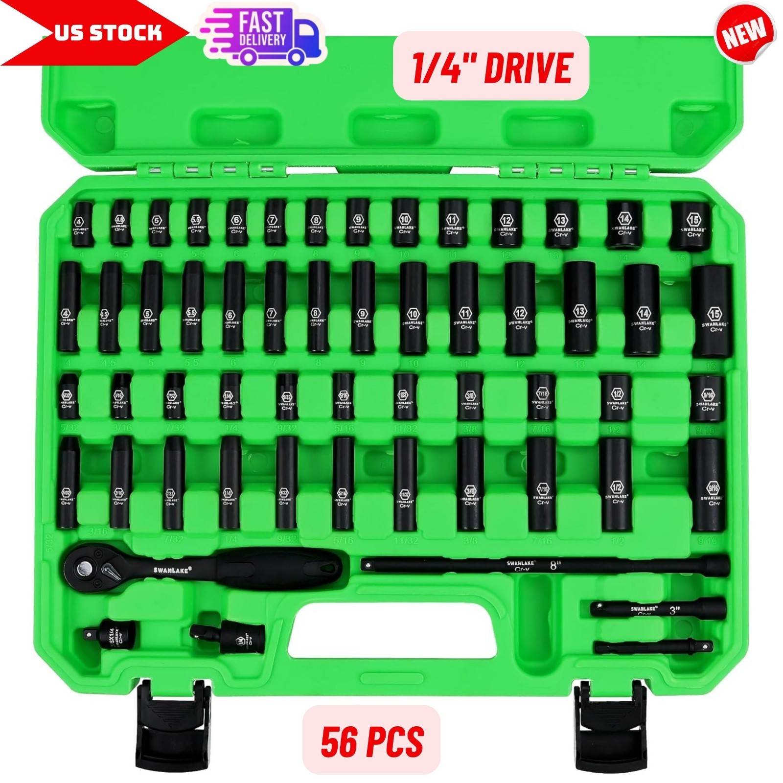 1/4″ Drive Impact Socket Set, 56 Pcs SAE 5/32″ to 9/16″ & Metric 4-15mm Sizes