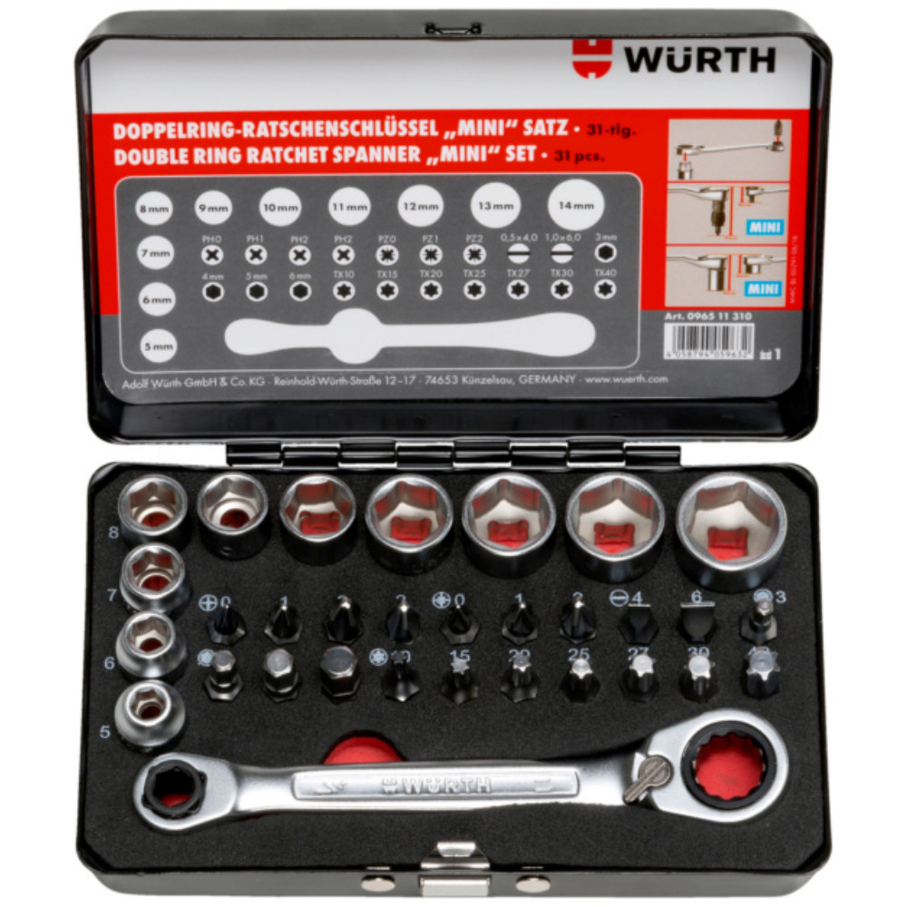Wurth® Double Ring Ratchet Spanner Wrench with Bits Mini Set 31pcs – 096511310
