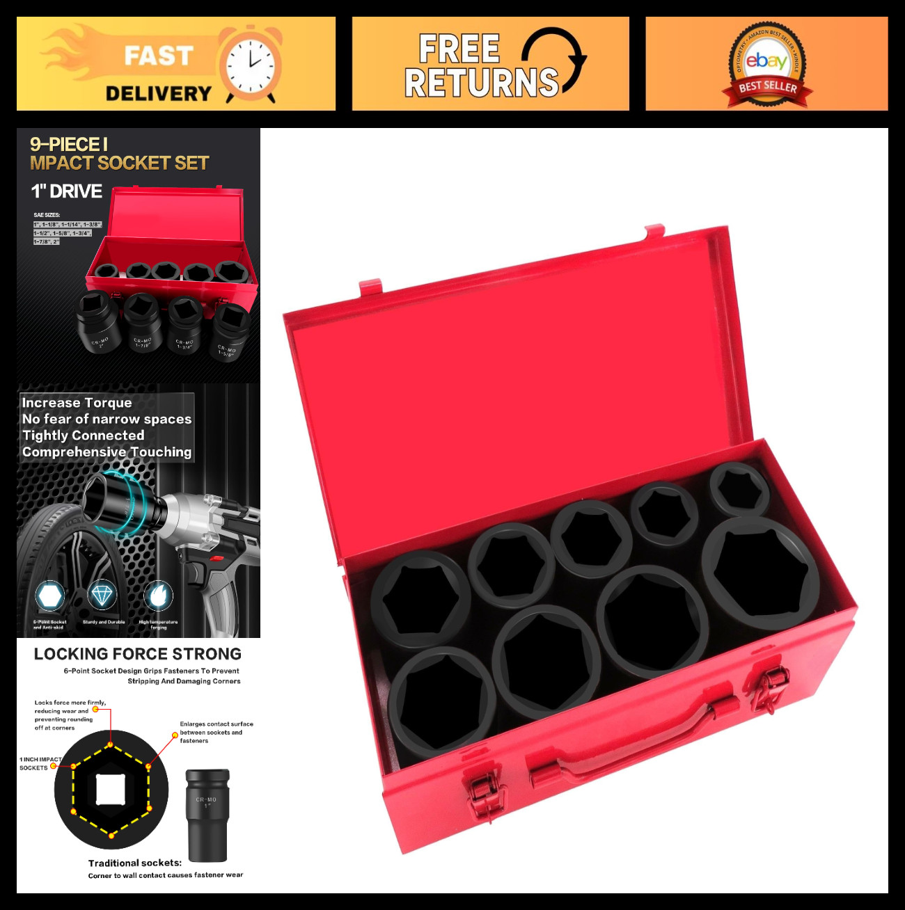 9-Piece 1″ Drive Deep Impact Socket Set, 6-Point SAE, Cr-Mo Steel, Durable Tools