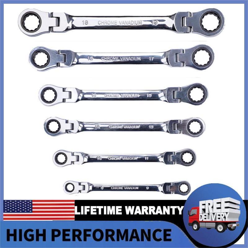 6Pc Double Box End Ratcheting Wrench Flex-Head Extra Long Heavy Duty Spanner Set