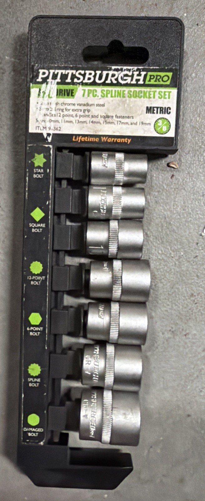 Pittsburgh Pro 3/8″ drive. 7pc spline socket Set 12 point 6 point & square faste