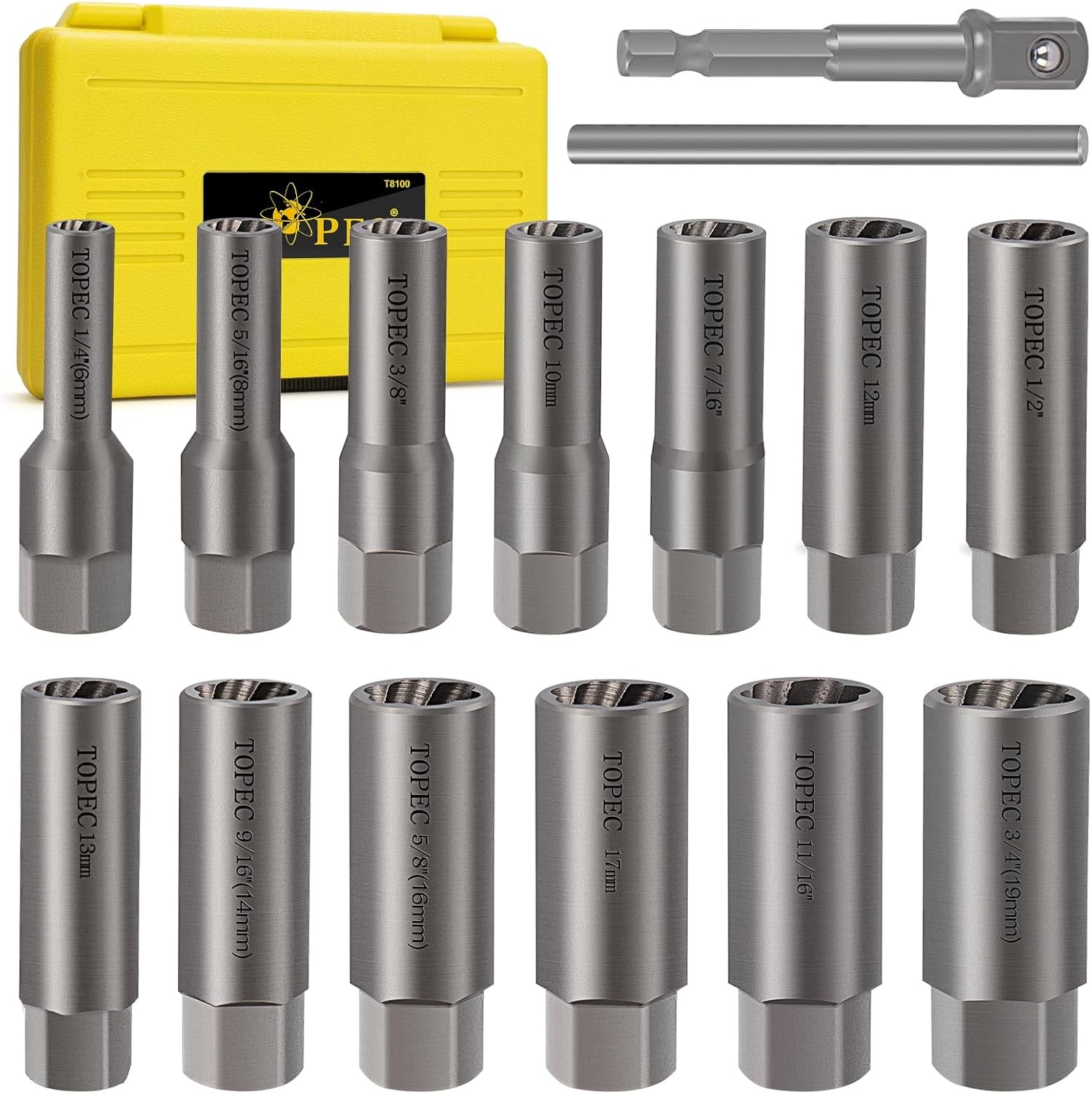 Topec 15PCS Deep Bolt Extractor Kit, 6mm-19mm Nut Extractor Socket Set, 3/8″ …