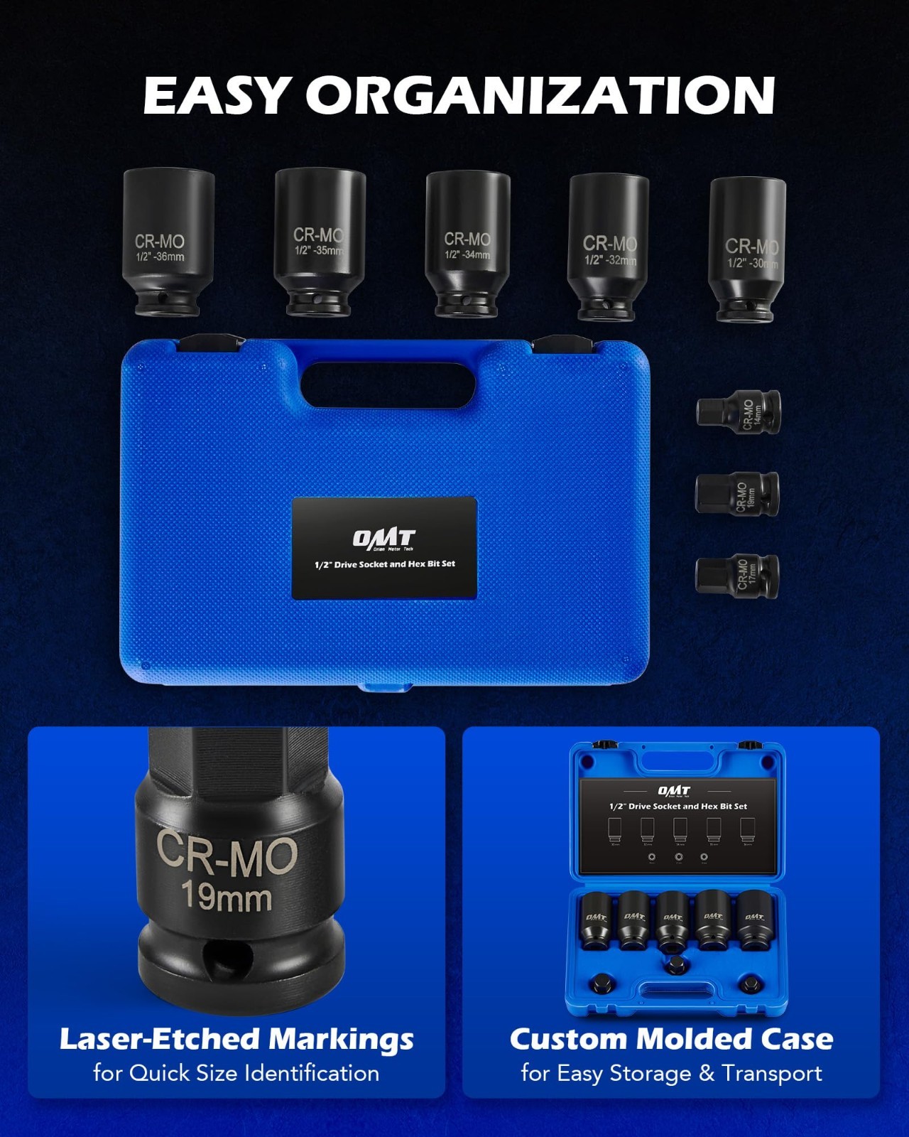 8pc 1/2″ Drive Axle Nut Socket Set – Metric 12 Point Impact Sockets, Extra Deep,