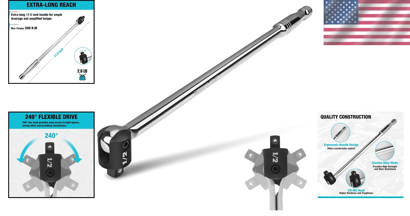 17.5-Inch Heavy Duty Breaker Bar with 240° Flex Head – 1/2» Drive