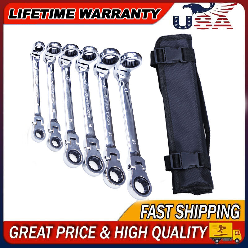 6Pc Double Box Extra Long Ratcheting Wrench Spanner Set End Flex-Head SAE Metric
