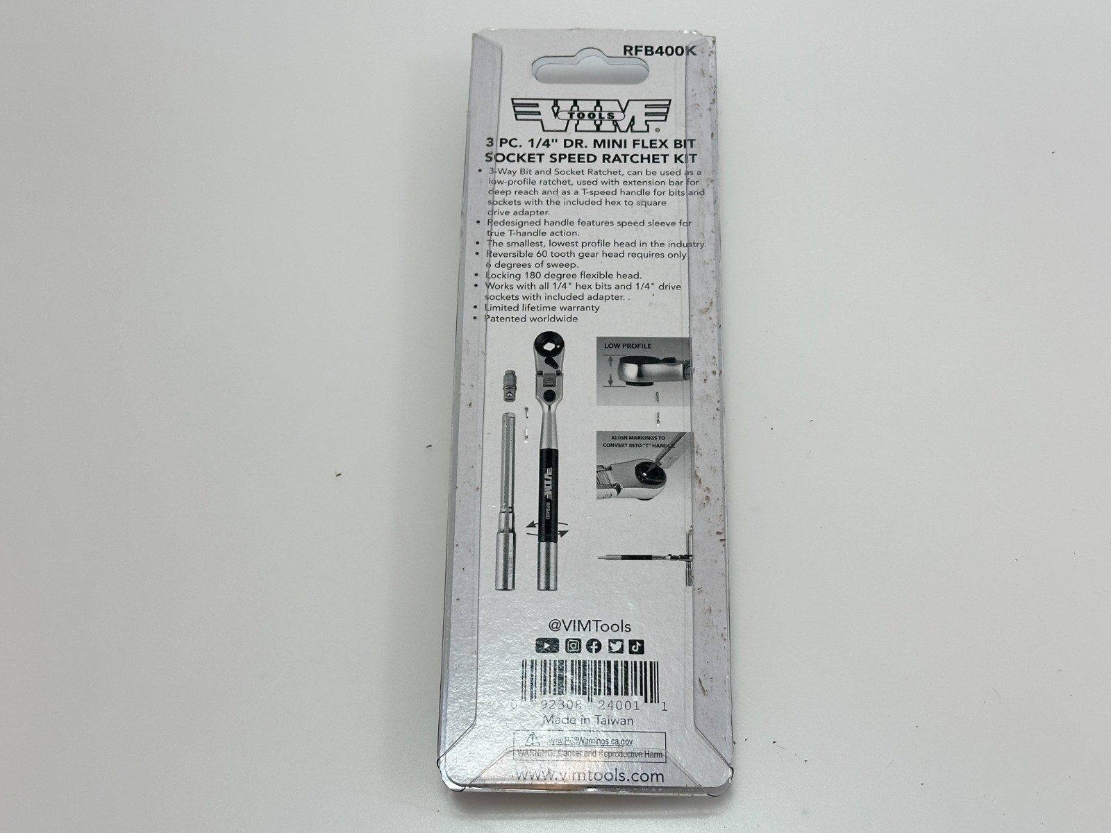 VIM Tools 3-Way 1/4″ Hex Bit Long Handle Locking Flex Ratchet/T-Handle #RFB400K