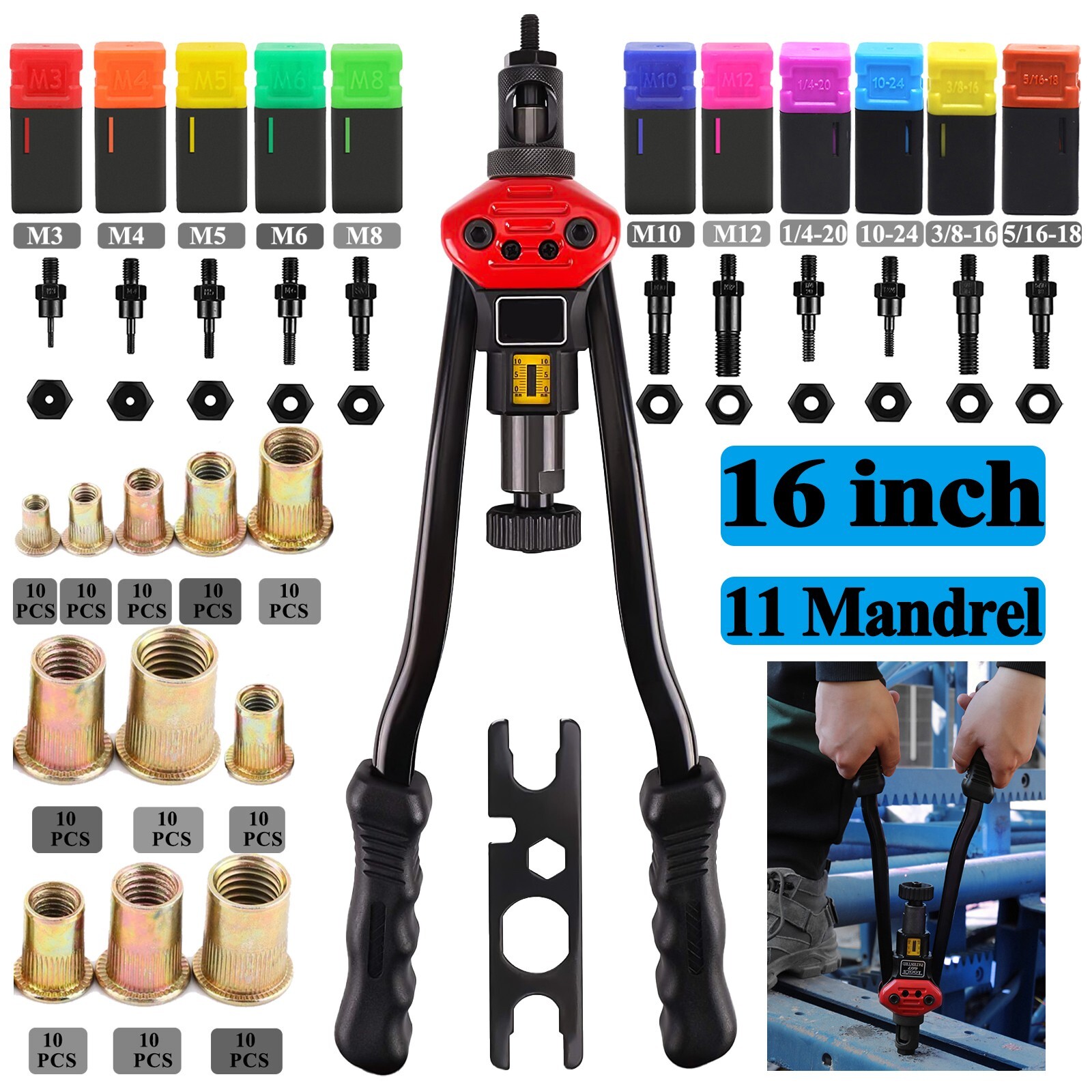 16″ Rivet Nut Tool Kit w/ 11PC Metric & SAE Mandrels Thread Setting Tool Setter