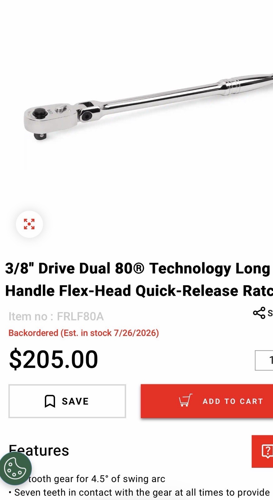 New Snap-On FRLF80A 3/8 Quick Release Long Flex Head Ratchet