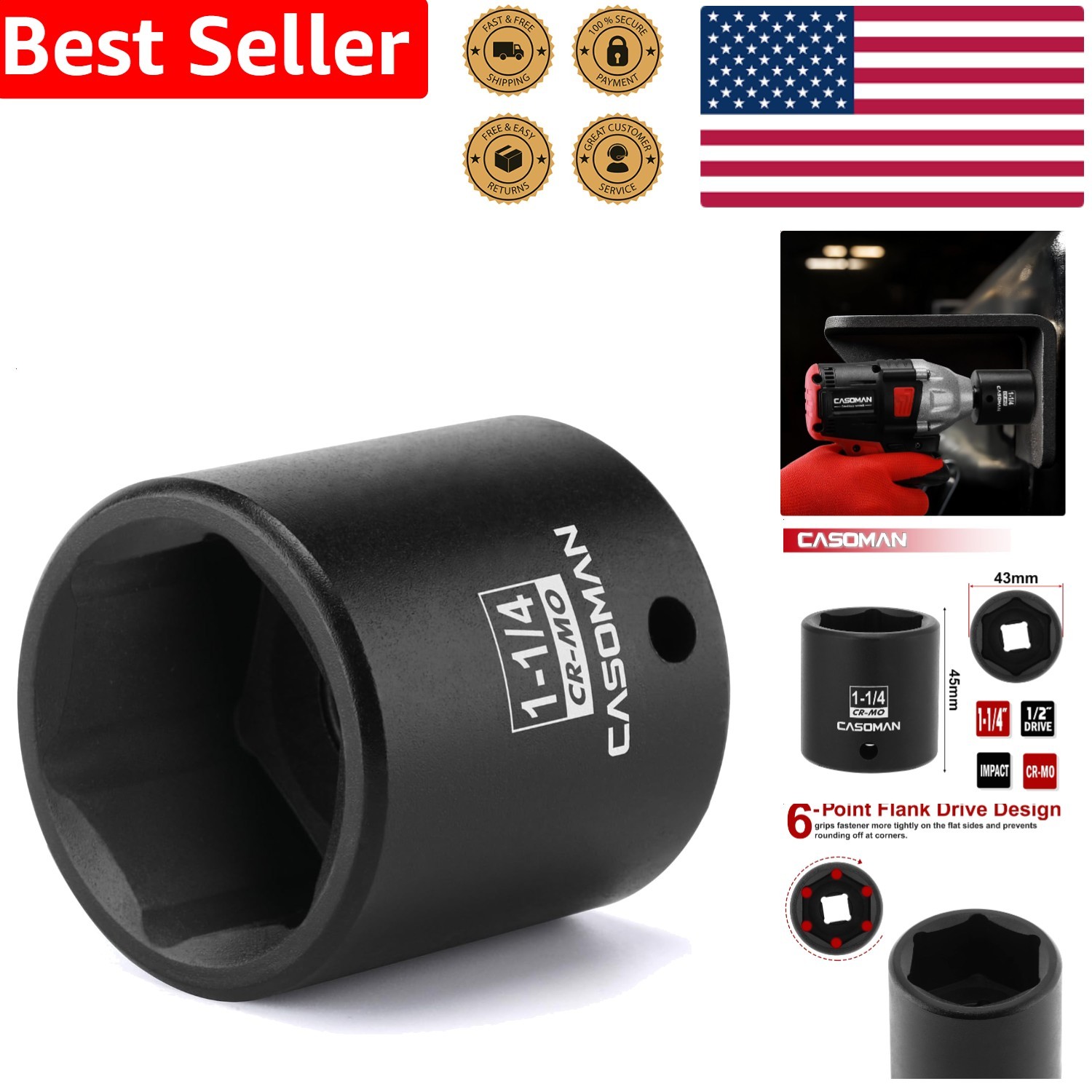 Drive Impact Socket SAE 6-Point Chrome Molybdenum Durable Tool
