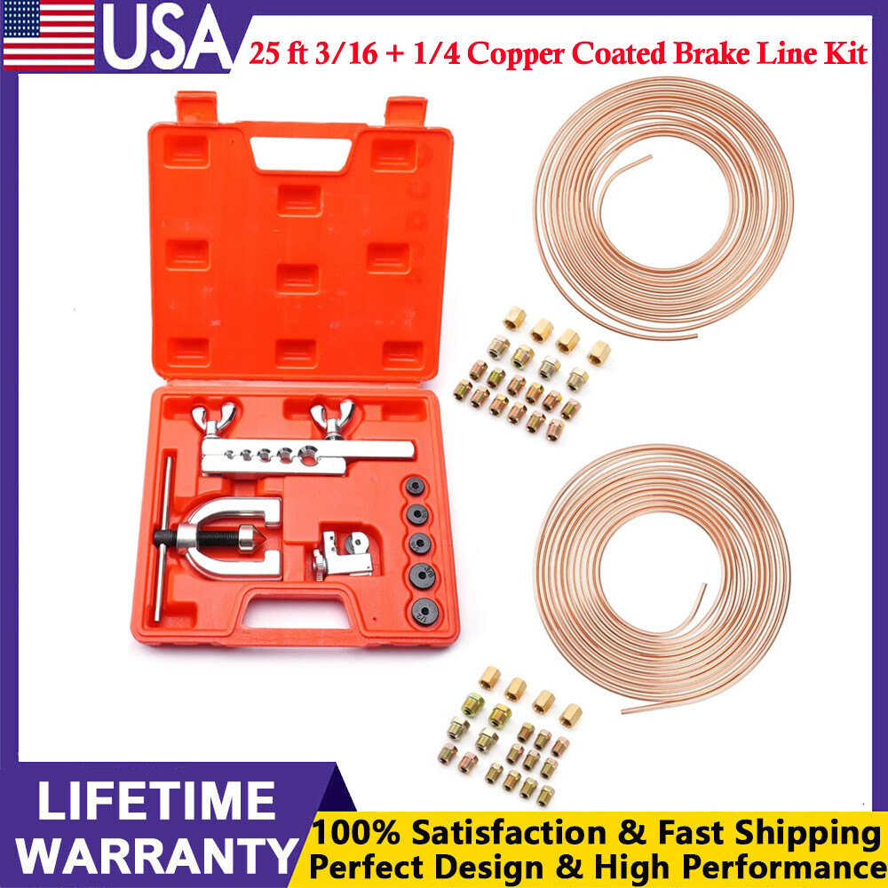 New 25ft 3/16 + 1/4 Copper Coated Brake Line & Double & Single Flaring Tool Kits
