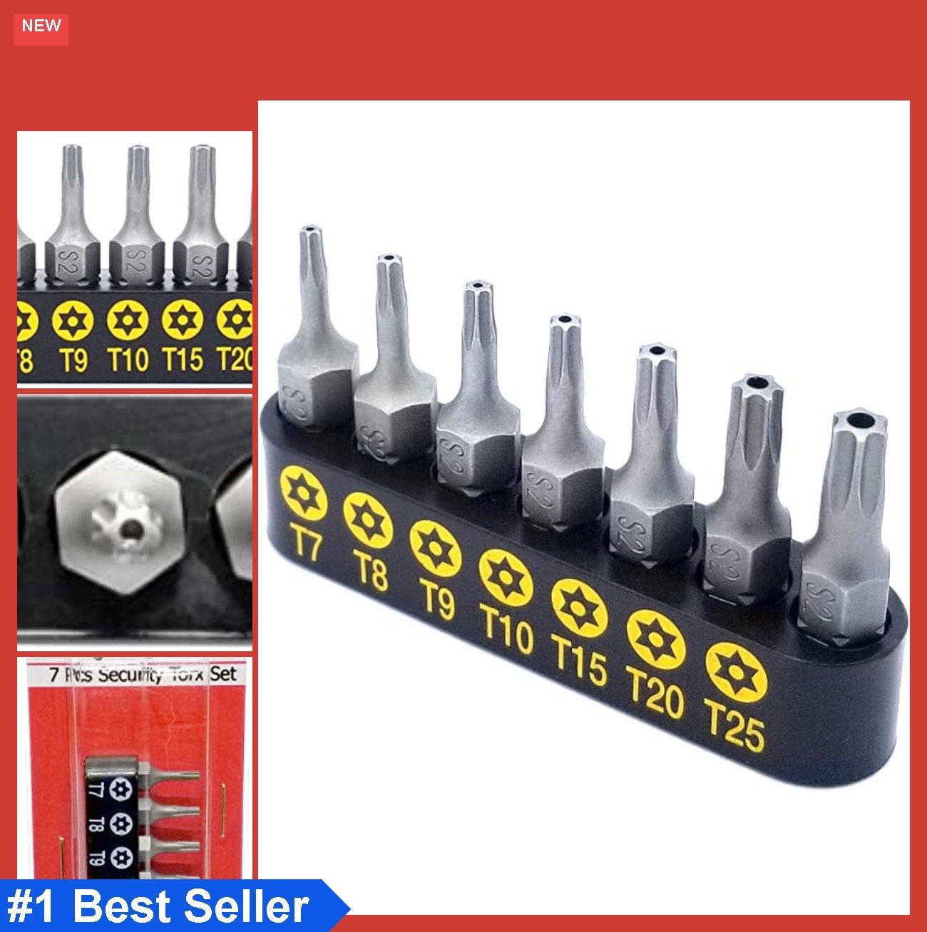Torx Security Bit Set 7 Piece T7 T8 T9 T10 T15 T20 T25 S2 Hardened Steel 1/4