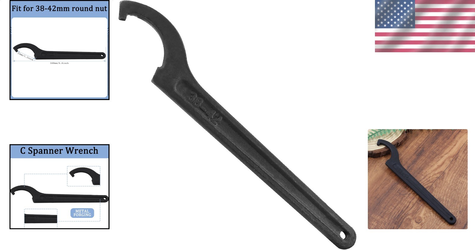 Spanner Wrench C Hook Black Adjustable 38-42mm Carbon Steel Heavy Duty Repair