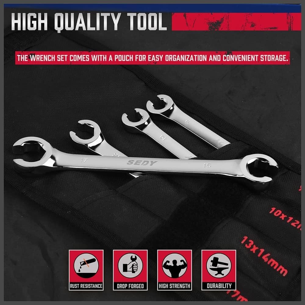 Durable 4-Piece Metric Flare Nut Wrench Set with Offset End and Storage Pouch