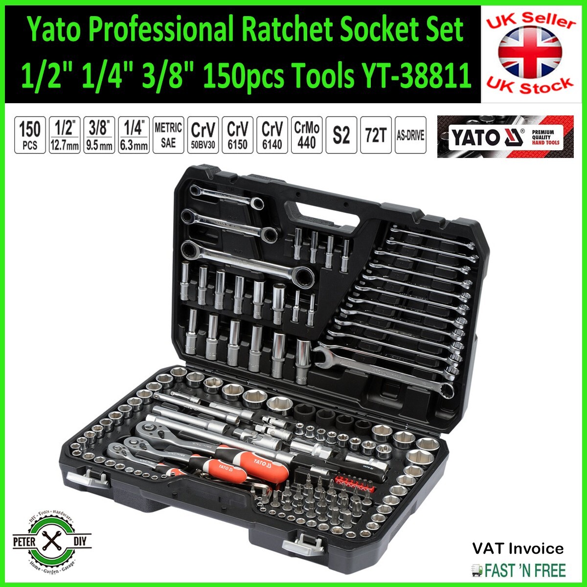 SOCKET SET RATCHET Yato Professional Tools 1/2″ 1/4″ 3/8″ 150pcs Tools YT-38811
