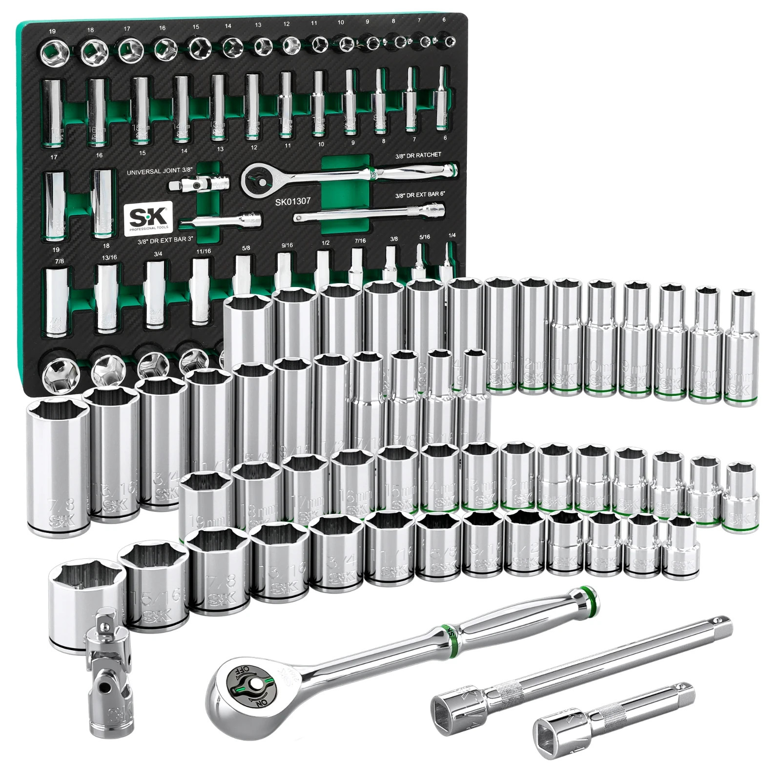 SK Tools SKTSK01307-216P 56 Piece 3/8″Dr, 6Pt, Standard & Deep, SAE & Metric