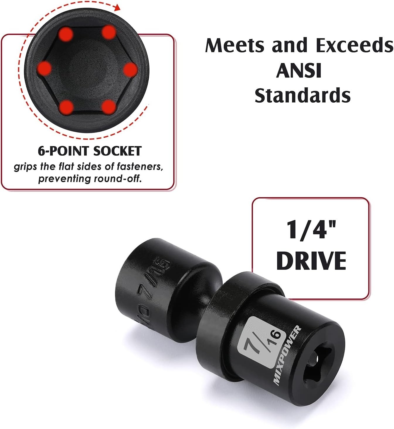 6PCS 1/4″ Drive SAE Shallow Universal Impact Socket Set, 1/4″ – 9/16″, Swivel…