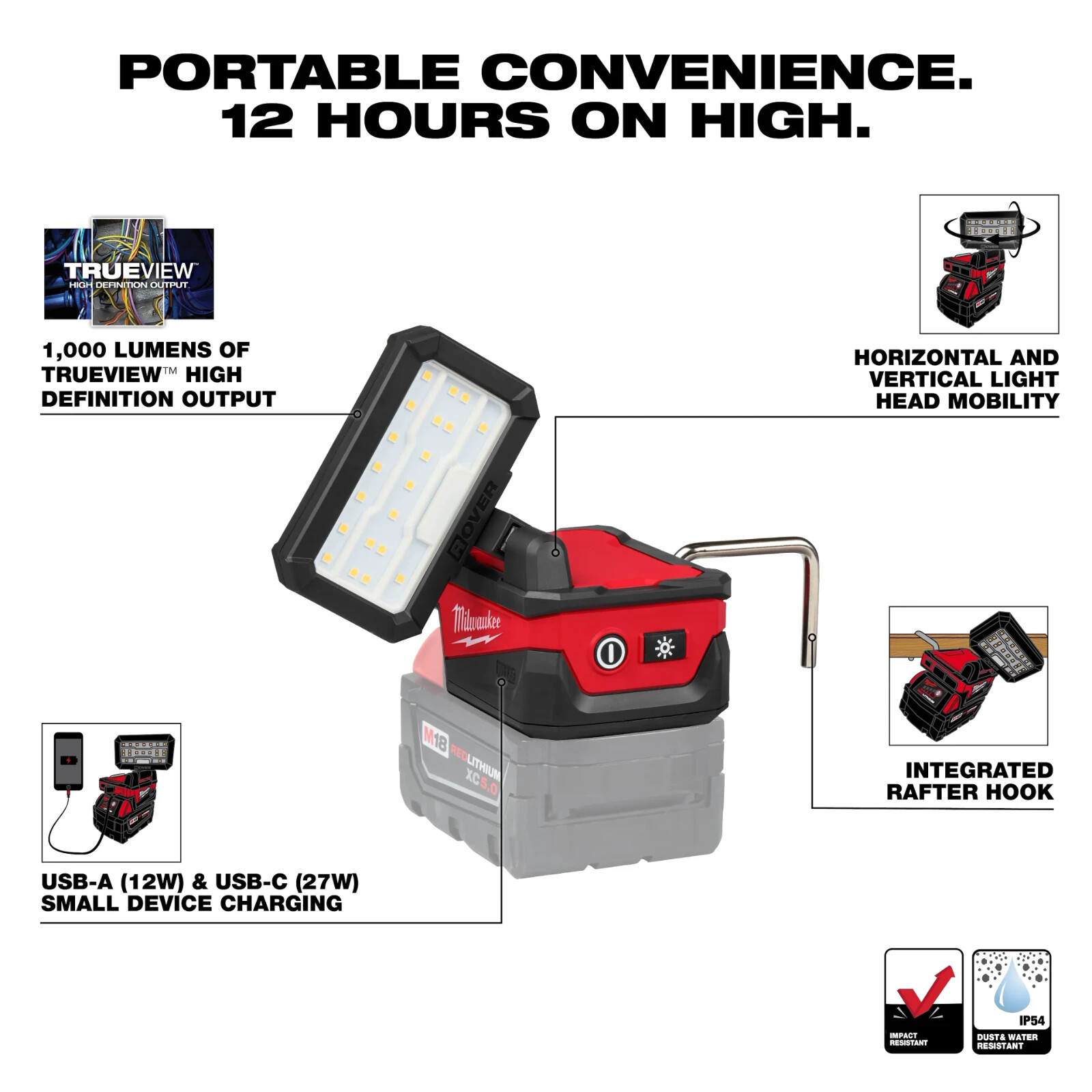 Milwaukee M18 Rover Compact Folding 1000 L Work Light & USB Power Supply 2359-20