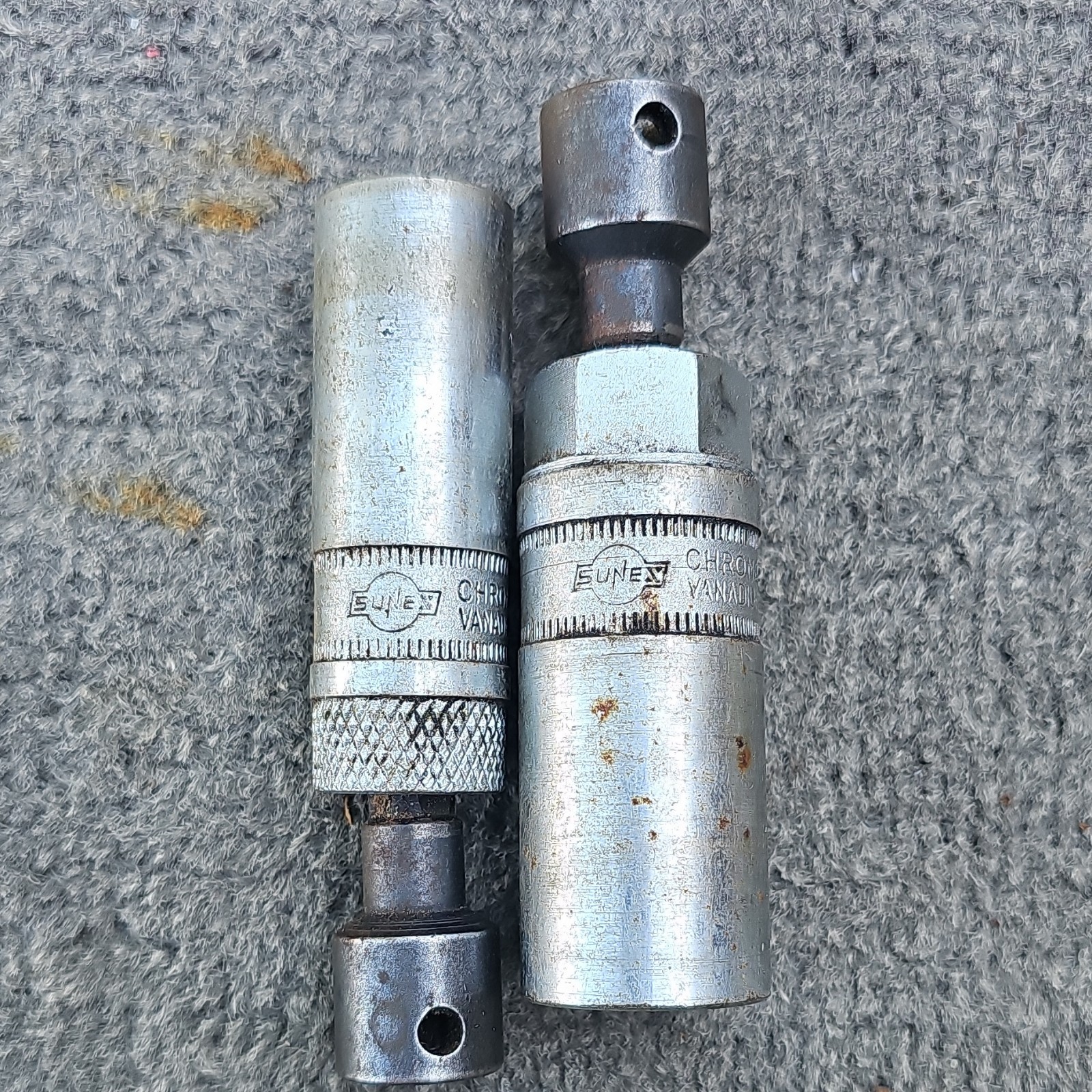 2 Sunex Brand Spark Plug Sockets, 5/8 And 13/16, 3/8 Drive Stamped JAPAN, used