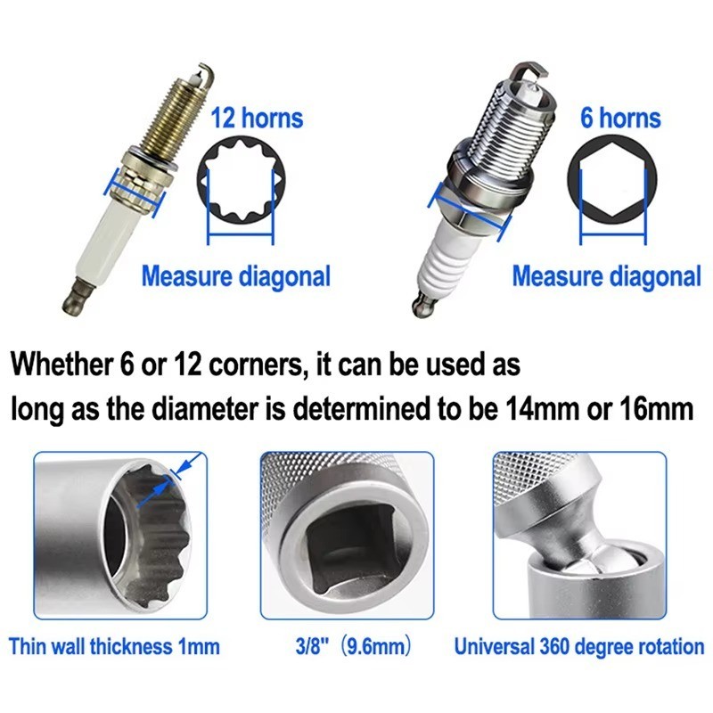 14mm & 16mm Thin Wall Magnetic Swivel Spark Plug Socket 12-Point Removal Tool
