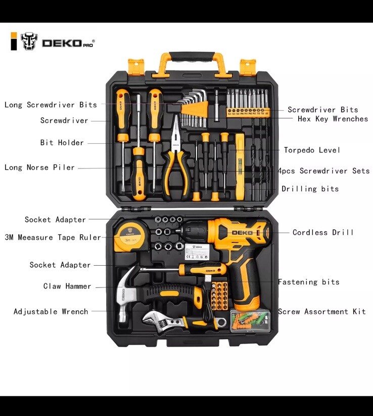DEKO 126Pcs Hand Tool Kit DIY Household Tool Set 8V Screwdriver Cordless Drill