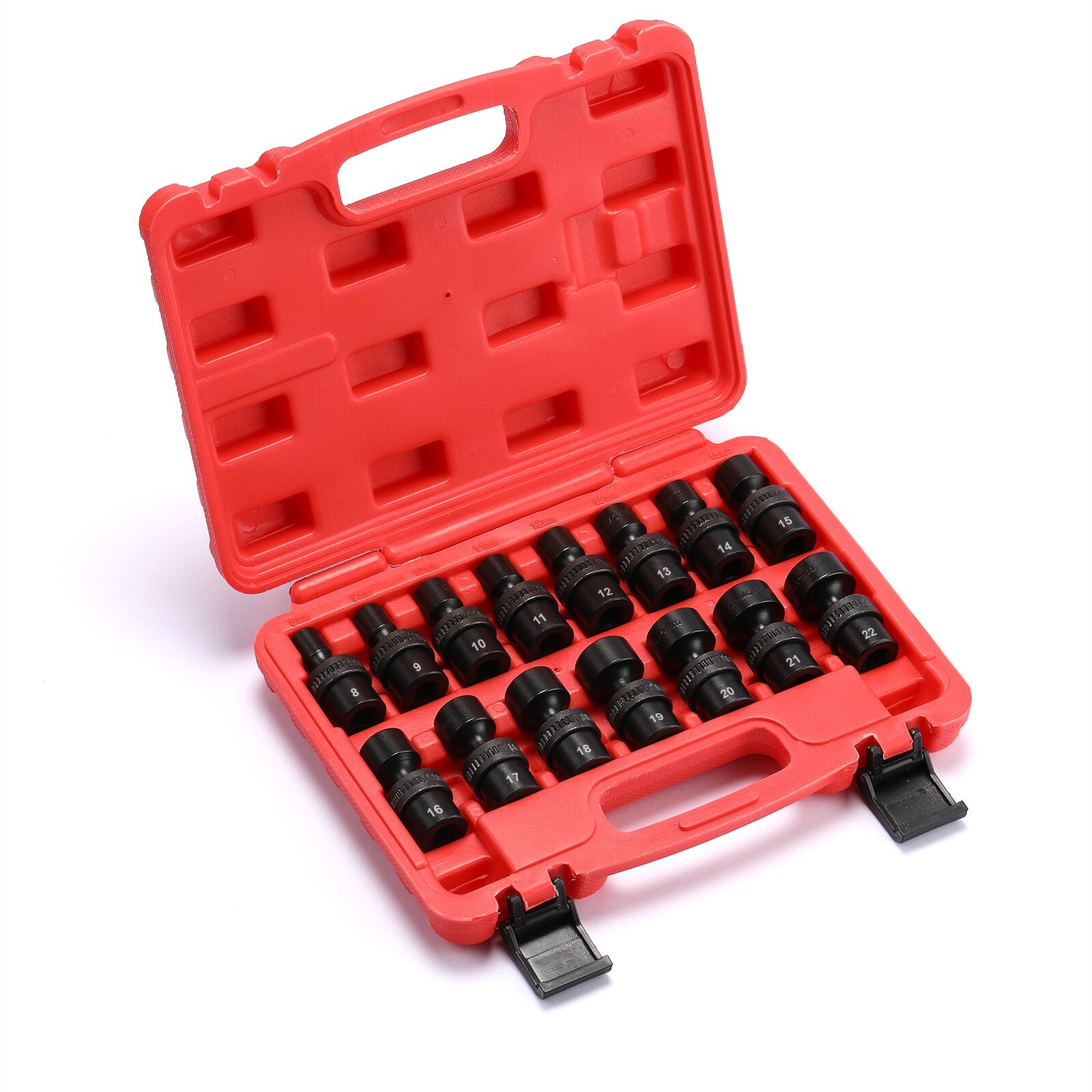 15 Piece 3/8″ Drive 6 Point Universal Flex Impact Socket Set, Metric, 8mm – 22mm