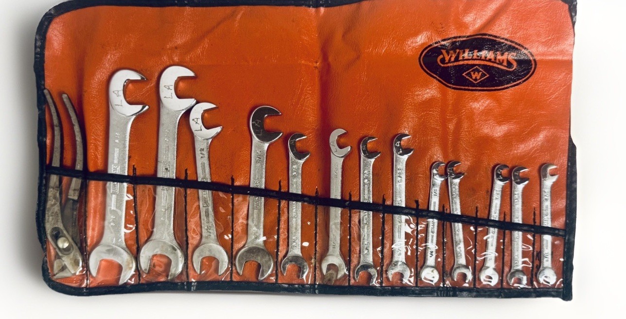 J.H. Williams Ignition Wrench Set SAE Open End Wrenches Vintage Roll Pouch USA