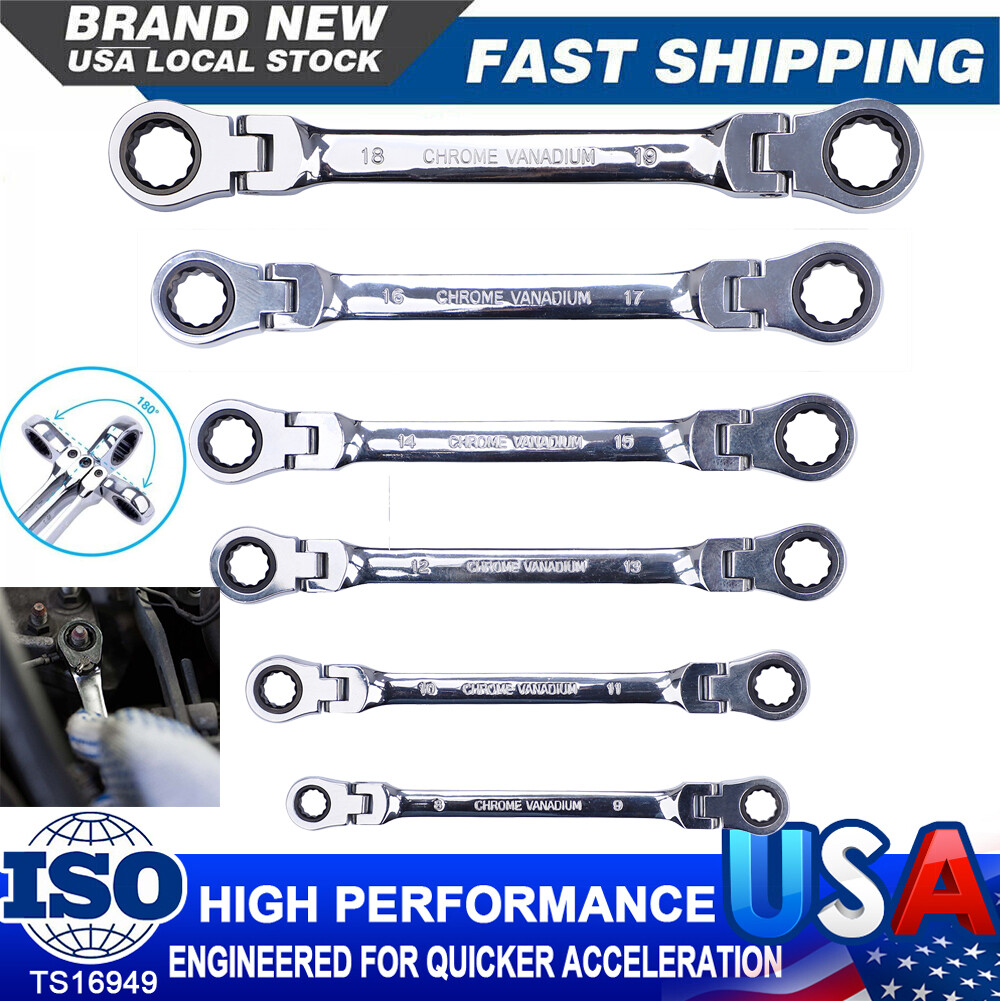 Double Box End Ratcheting Wrench Set Metric 6Pc 8-19mm Chrome Heavy Duty Spanner