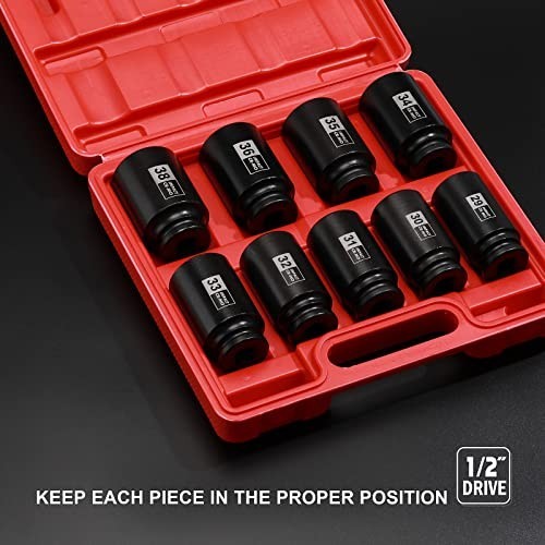9PCS 1/2″ Drive Deep Impact Socket Set, Metric 29mm-38mm, 6-Point CR-MO Axle Nut
