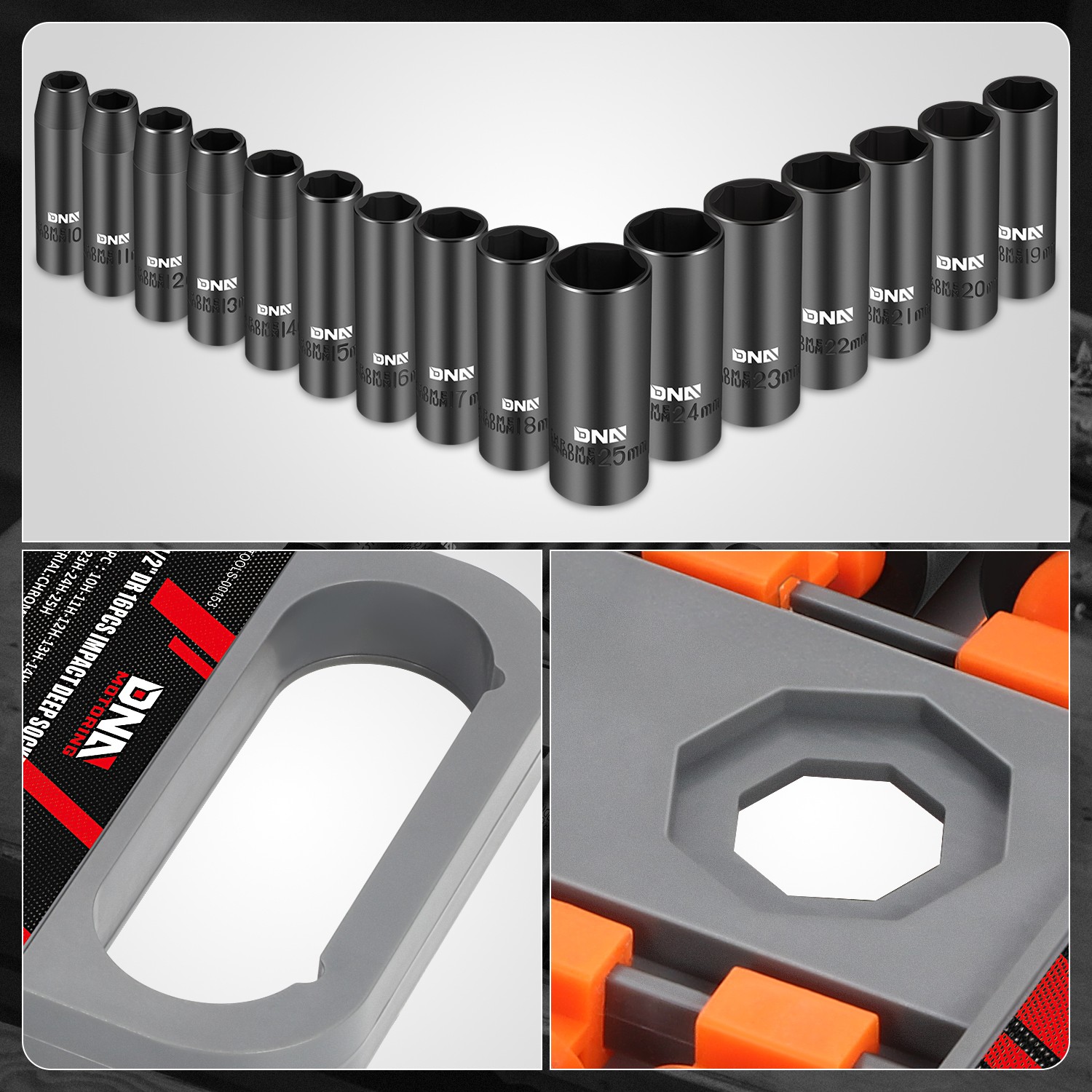 10-25mm Chromium-Vanadium Steel 6-Point Hex 1/2″ Deep Impact Socekt Set 16Pcs