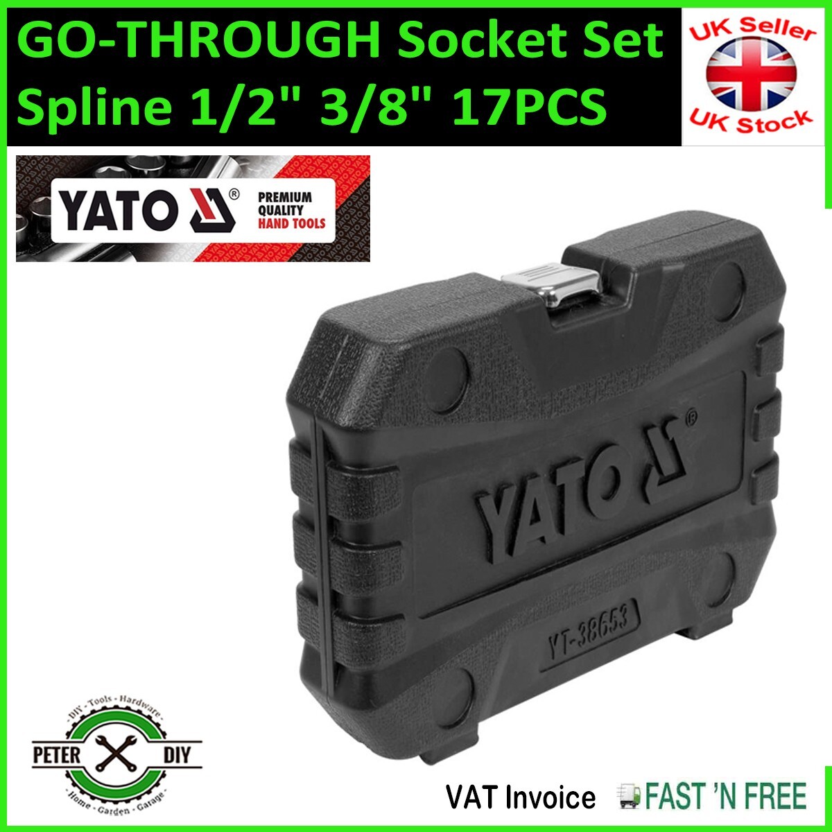 GO-THROUGH Socket Set Ratchet Spline 1/2″ 3/8″ Double Hex 17 PCS YATO YT-38653