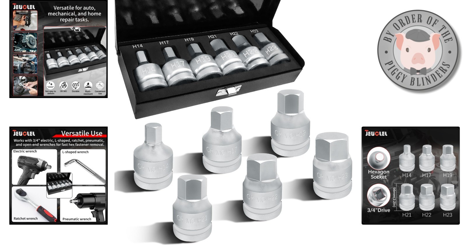 6PCS Chrome Molybdenum Hex Allen Bit Socket Set with Carrying Case – 3/4″ Drive