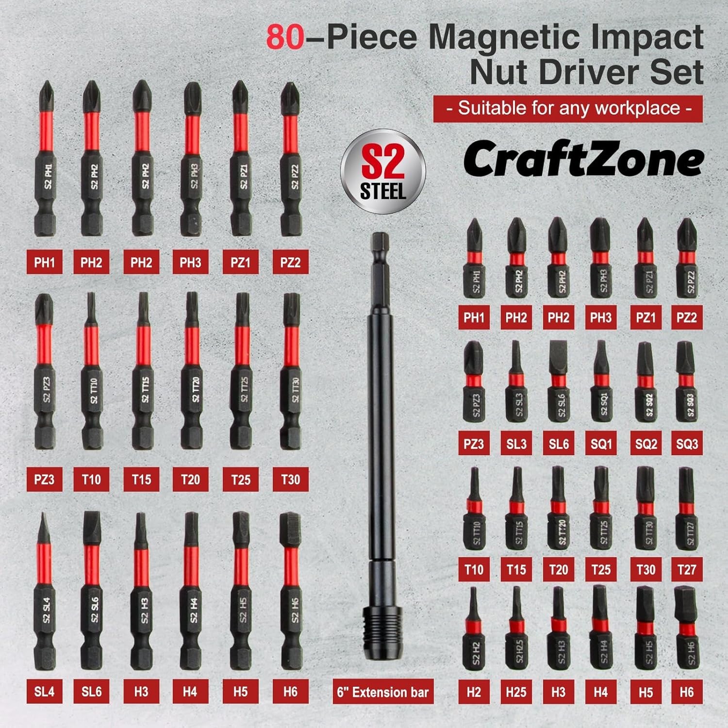 80pc Magnetic Impact Nut Driver Set Metric & SAE with Socket Adapters Bit Holder