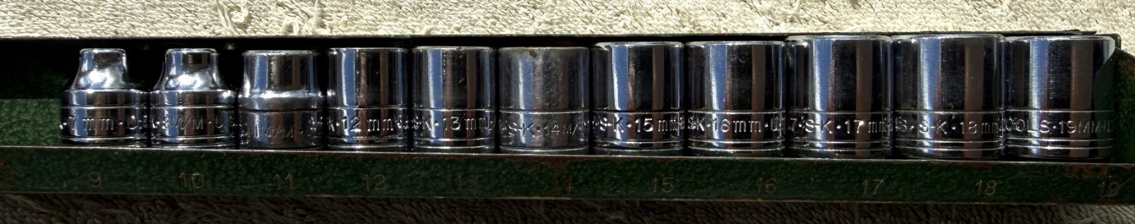 VINTAGE 3/8″ DRIVE S-K 12 PC METRIC HEX SOCKET SET – AS PICTURED