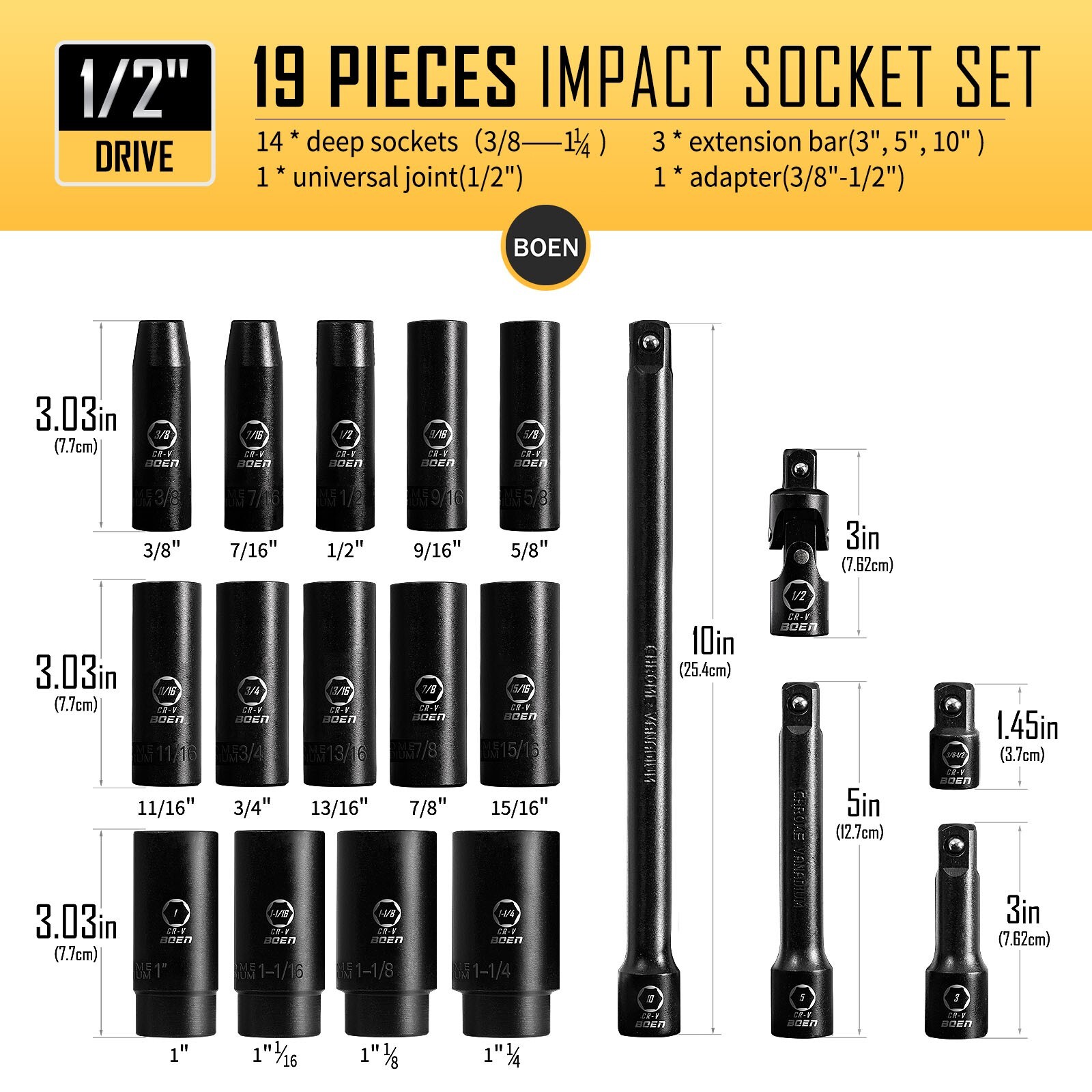 19pcs 1/2″ Drive Deep Impact SAE Socket Set, 3/8″-1-1/4″, Cr-V Steel, Extensions