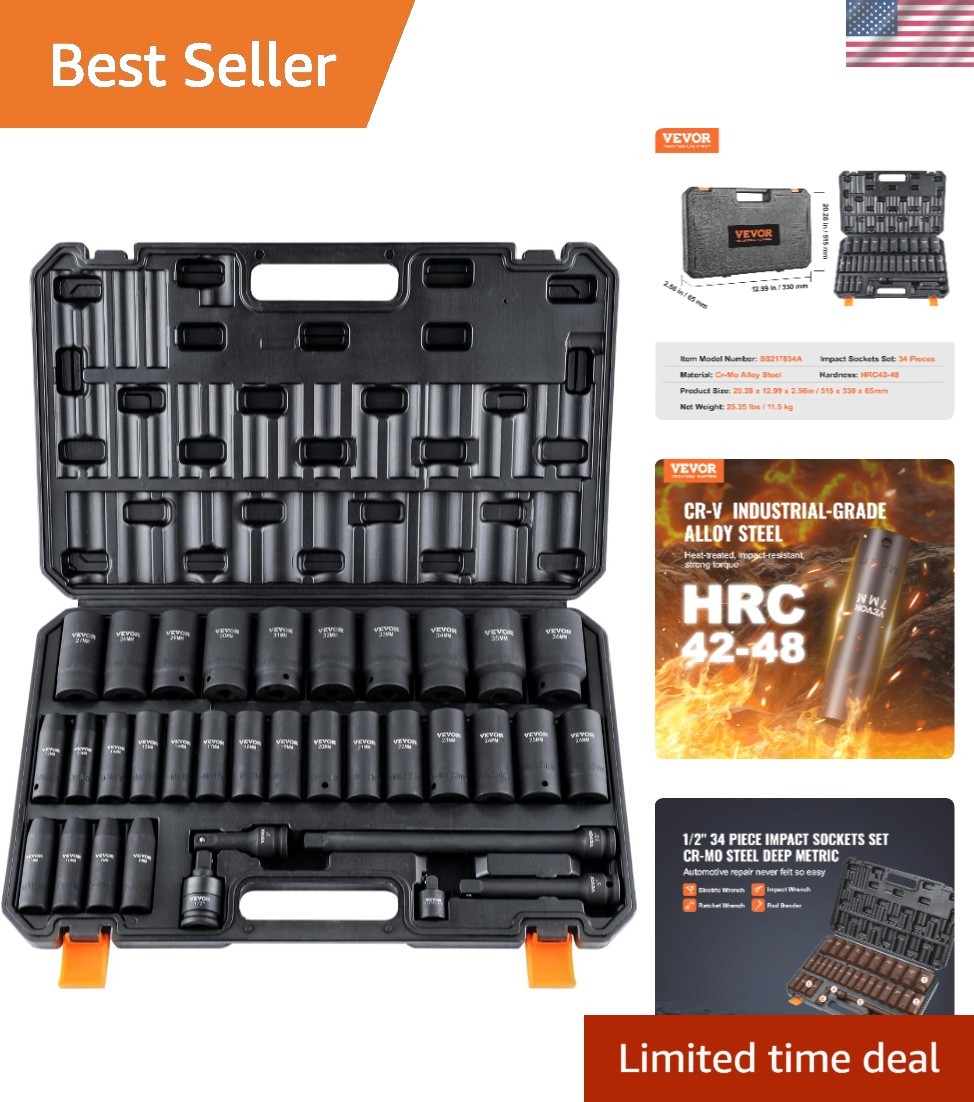 High Torque 34 Piece Impact Socket Set, 1/2″ Drive, Perfect for DIY Mechanics