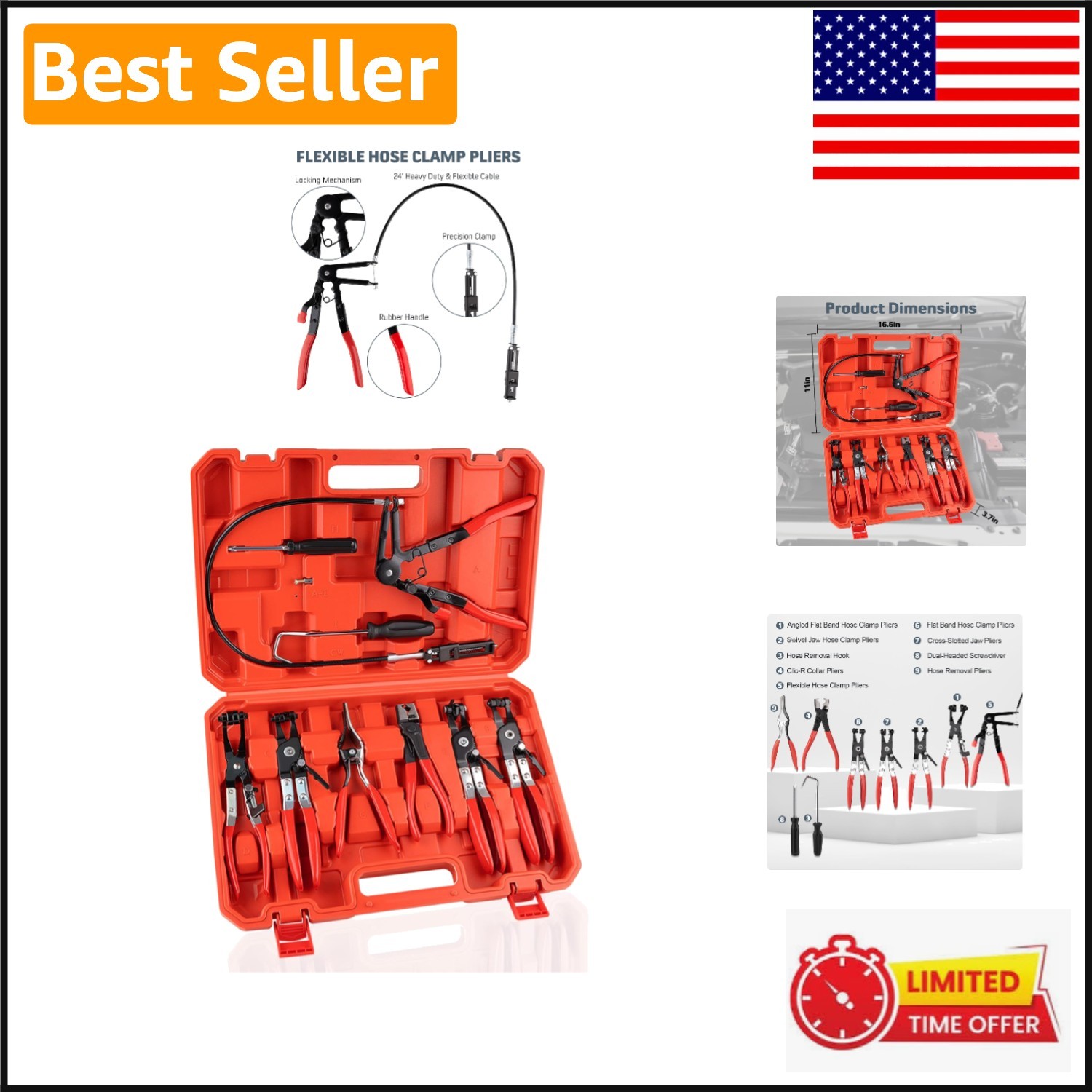 Carbon Steel 9PCS Hose Clamp Pliers Set with Soft Grip – Comprehensive Tools