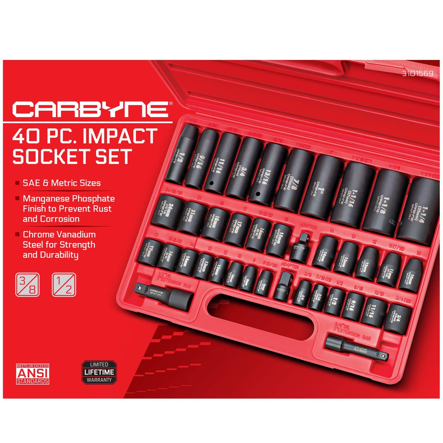 CARBYNE 40 Piece Impact Socket Set, SAE & Metric, Standard and Deep Sockets, …