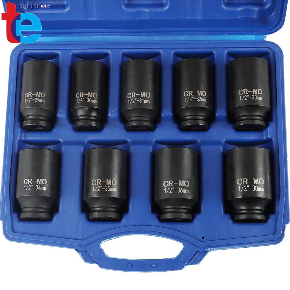 9Pcs Deep Impact Socket Set 1/2″ Drive Metric Axle Hub Nut Socket 29-38mm